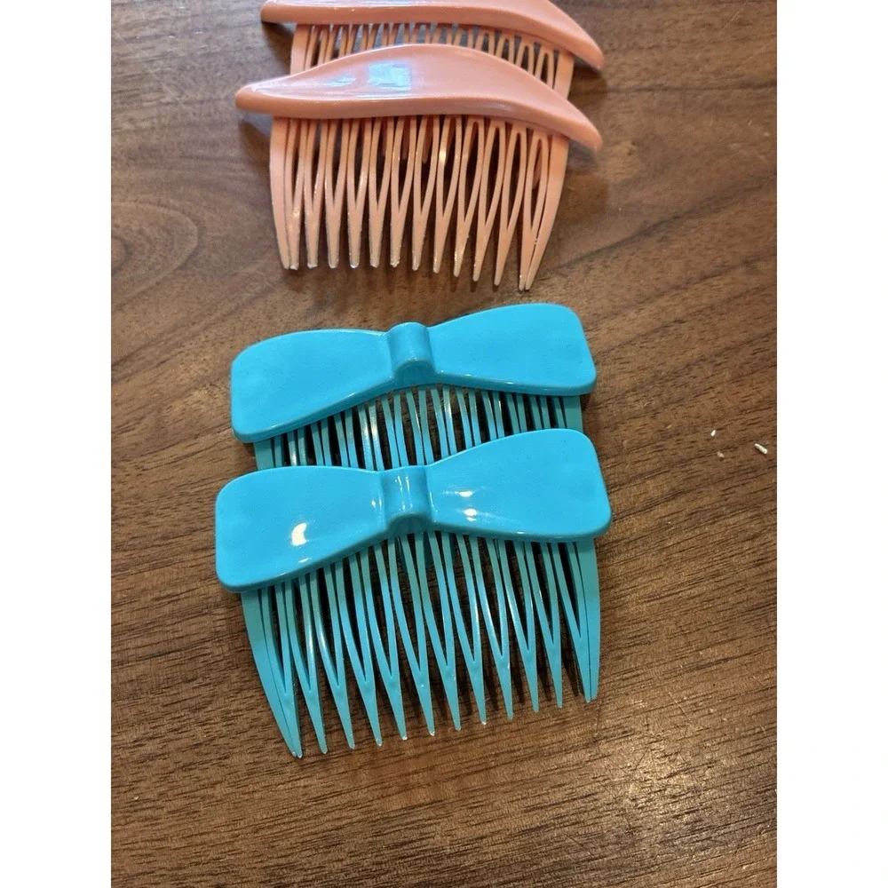 3 Vintage GOODY USA Blue Pink Side Hair Combs Bow Plastic 80s 90s